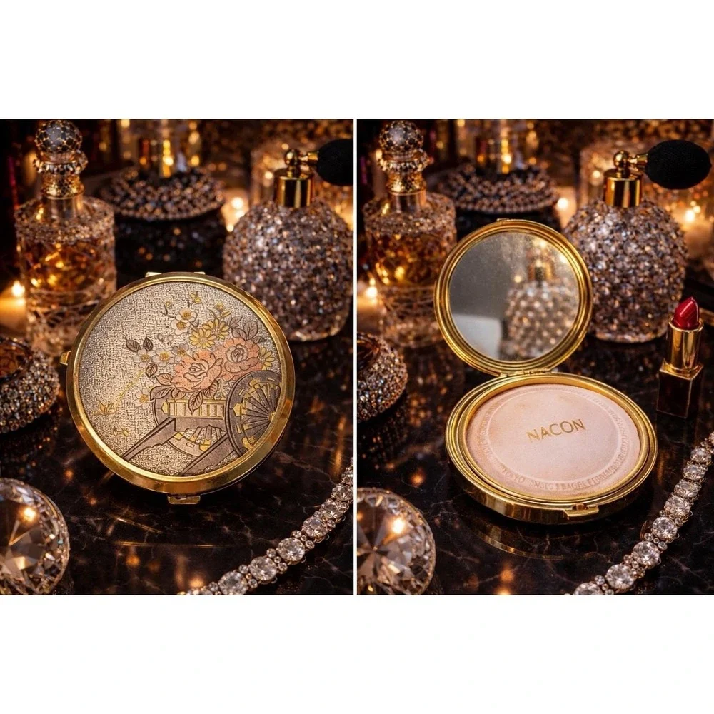 NACON Tokyo Japan Powder Compact Floral Wheelbarrow Gold Tone Mirror w Puff VTG